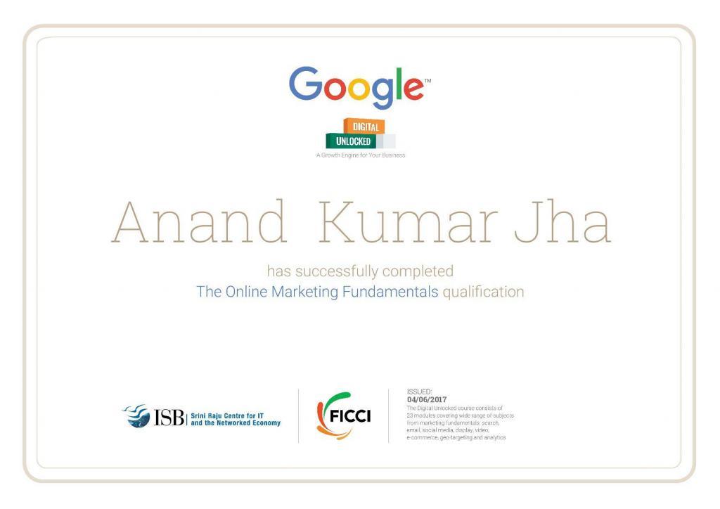 Digital Unlocked Certification 2017 achieved by Anand Kumar Jha, best SEO Expert in India